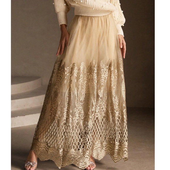 Classic High Stretchy Waist Mesh Overlay Lace maxi Skirt - Picture 4 of 5